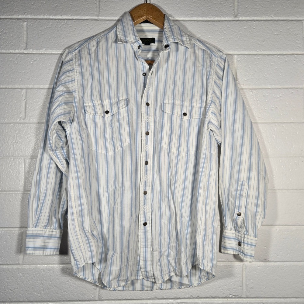 Vtg Robinsons Striped Pearl Snap Aztec Western Shirt Small Cotton Chambray Rodeo